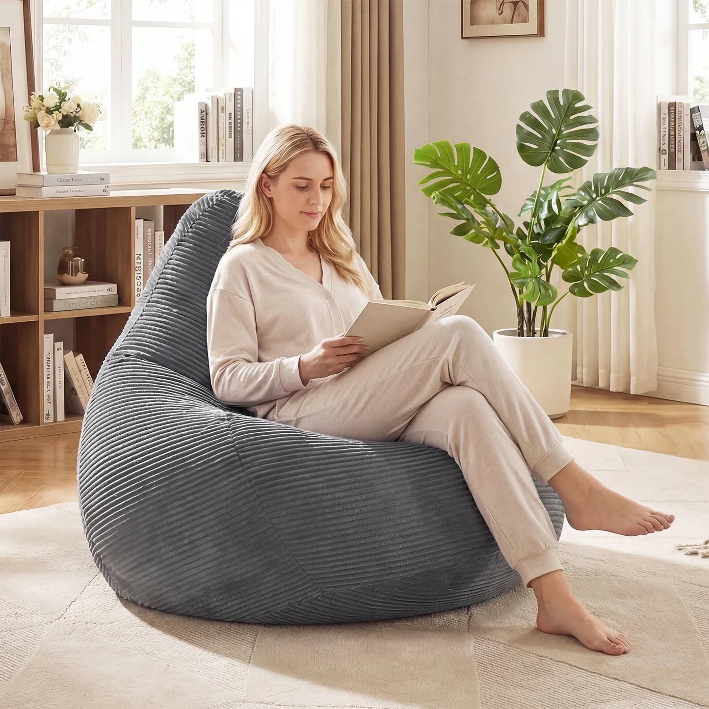Bean Bag Chair for Adults Accent Lazy Sofa with Skin-friendly Corduroy Cover and Soft Sponge Filling-Blue
