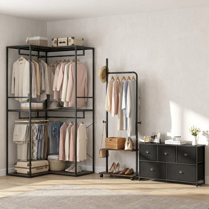 Bedroom set featuring a freestanding 3-tier clothes rack and dresser storage tower, with a wooden finish and modern design.