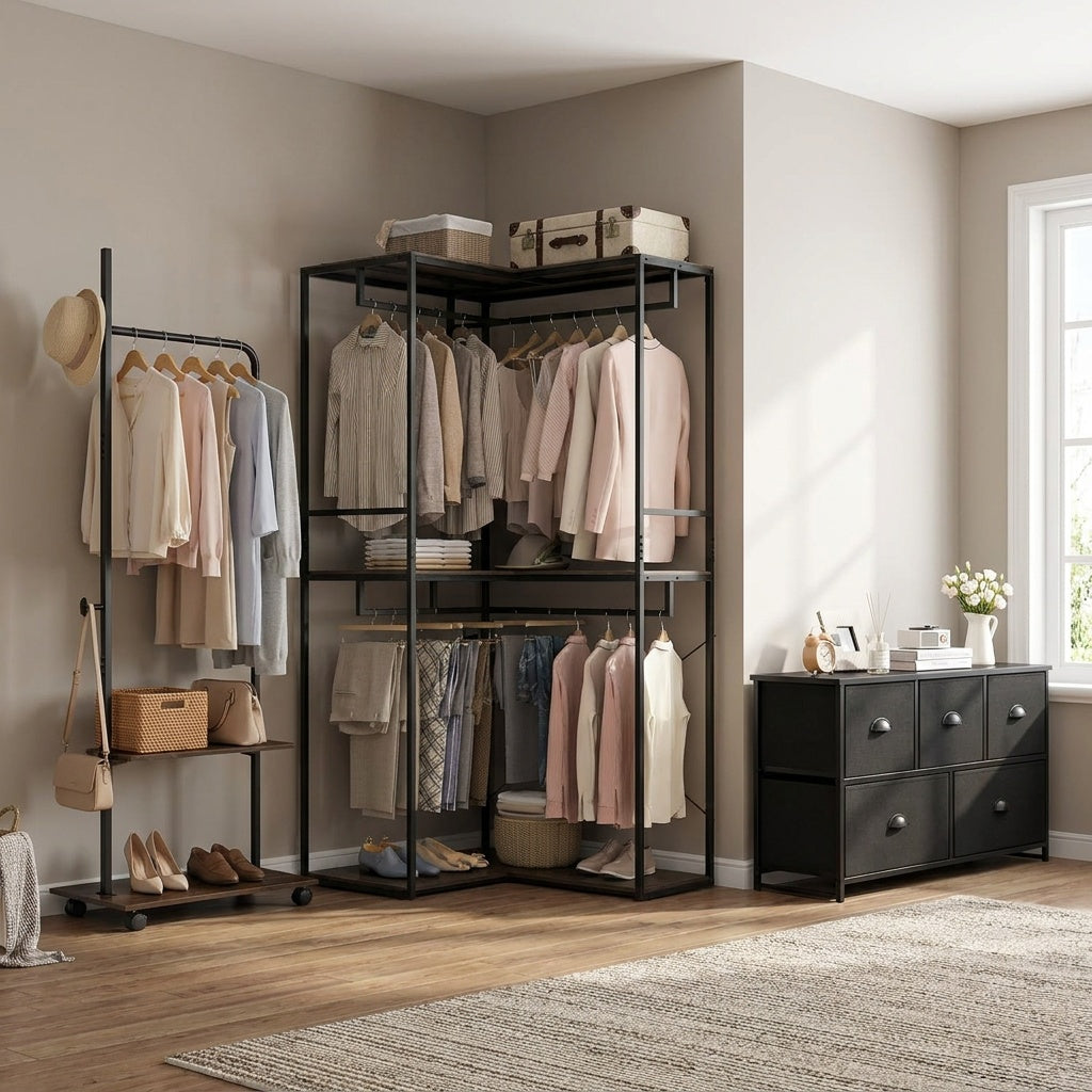 Bedroom set with freestanding 3-tier clothes rack and dresser storage tower in a modern bedroom scene.
