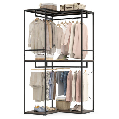 Bedroom furniture set featuring a freestanding 3-tier clothes rack and dresser storage tower in a modern bedroom setup.