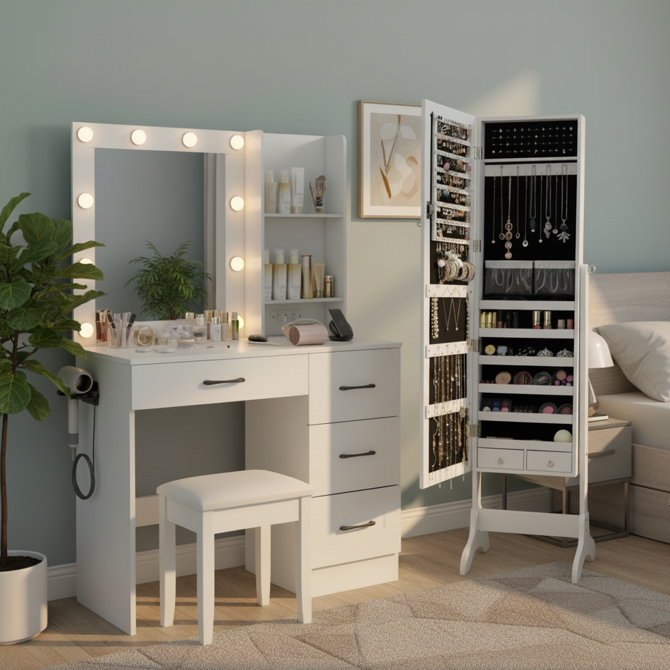 Bedroom Set with Lockable Mirrored Jewelry Cabinet  and Vanity Desk