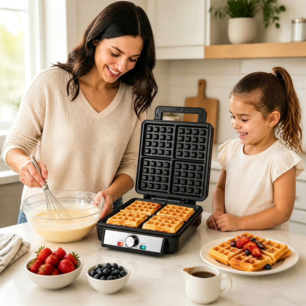 Belgian Waffle Maker 4-Slice 1200W with Browning Knob and Nonstick Plates-Black & Silver