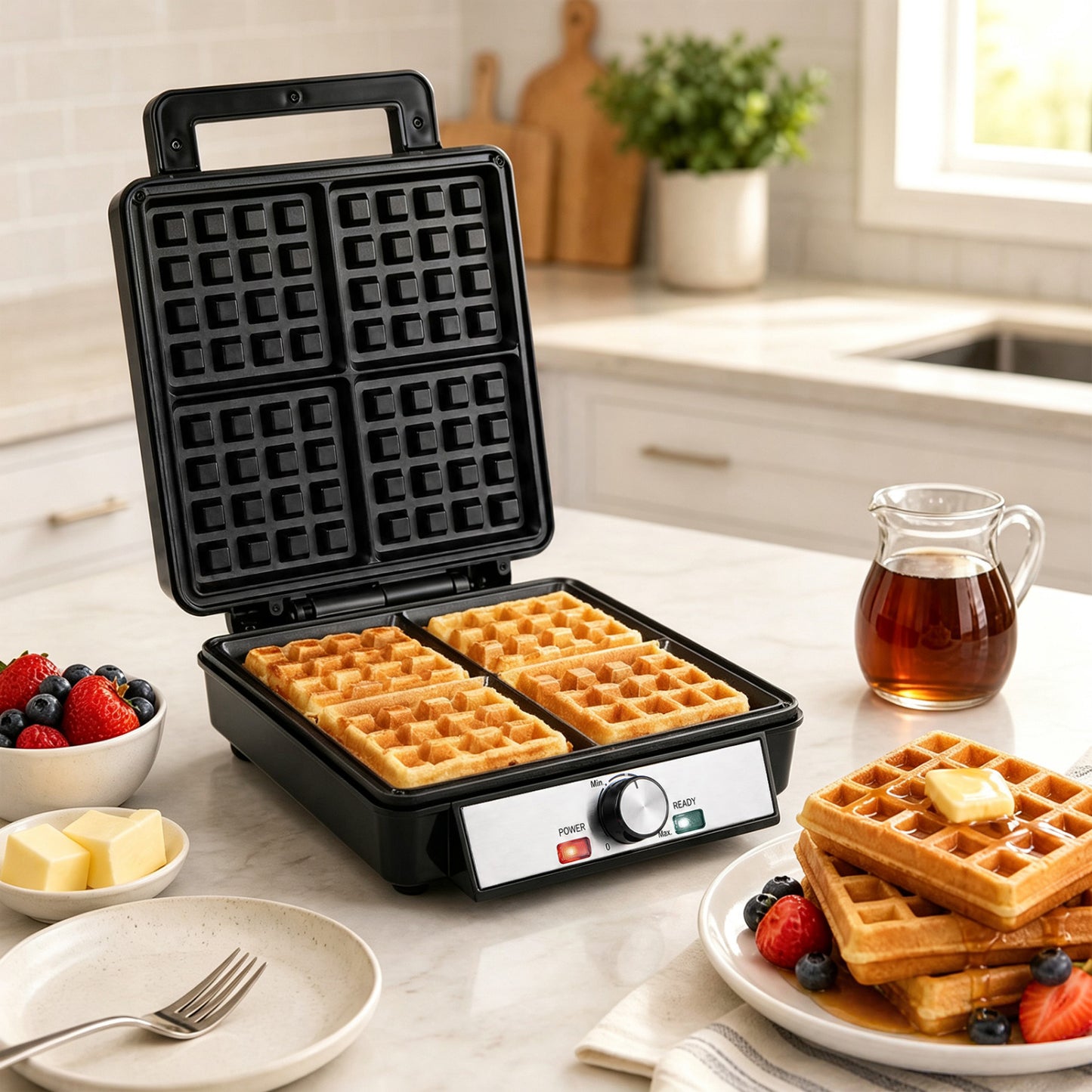Belgian Waffle Maker 4-Slice 1200W with Browning Knob and Nonstick Plates-Black & Silver