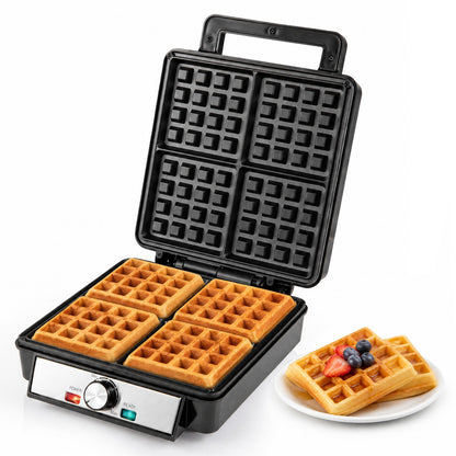 Belgian Waffle Maker 4-Slice 1200W with Browning Knob and Nonstick Plates-Black & Silver