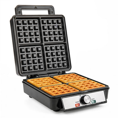 Belgian Waffle Maker 4-Slice 1200W with Browning Knob and Nonstick Plates-Black & Silver