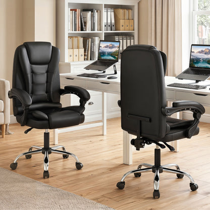 Black high-back executive chair with padded leather seat and linkage armrests, ideal for large home or office use.