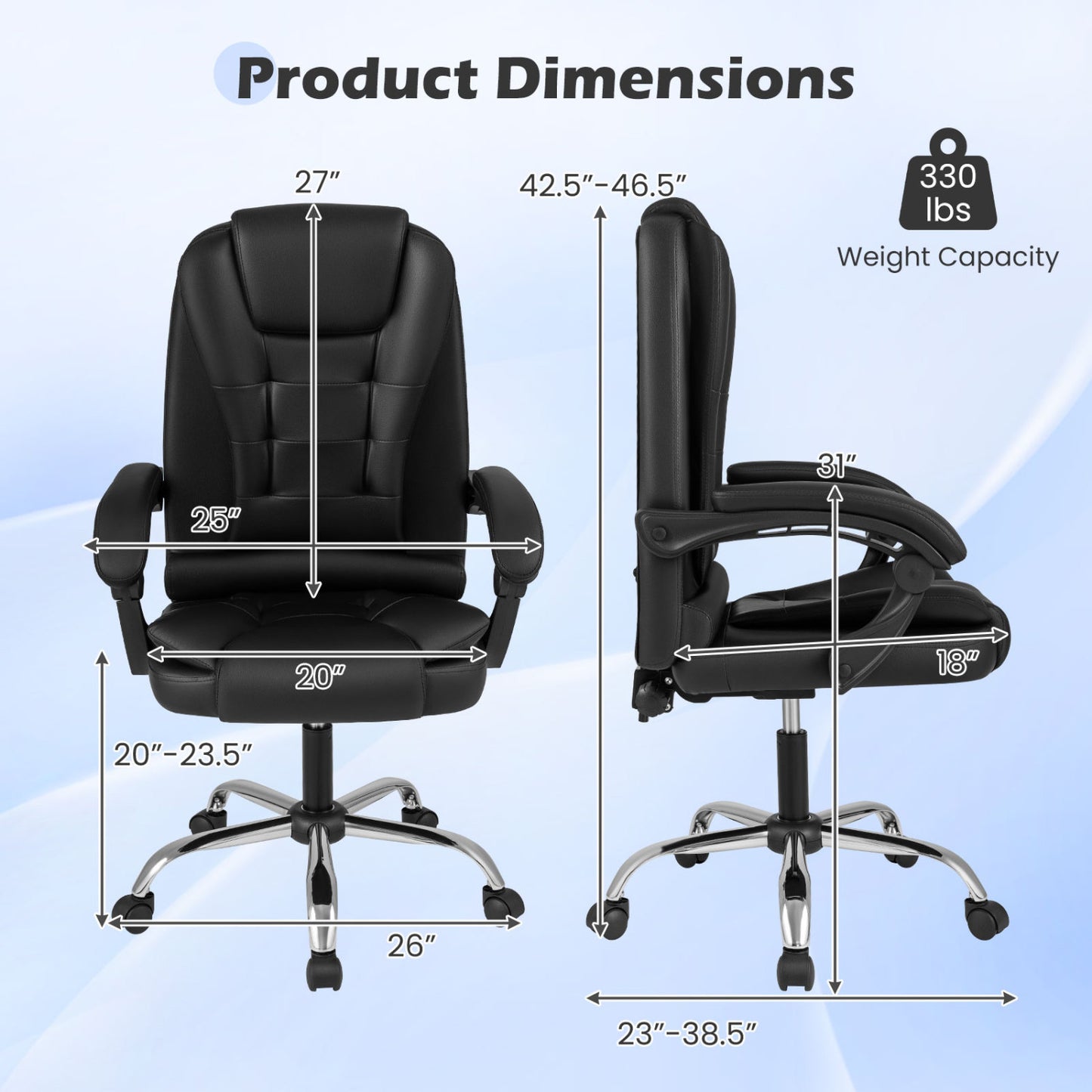 Black high-back executive office chair with leather padded seat, linkage armrests, and sturdy frame, ideal for home office use.