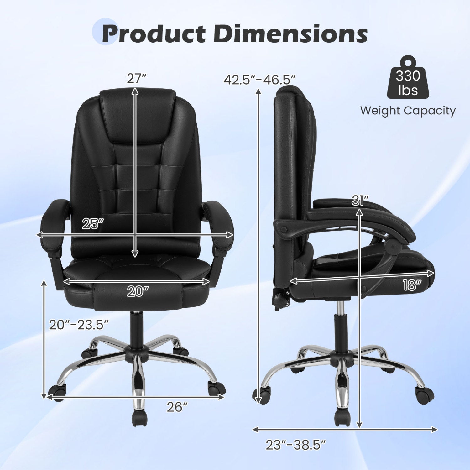Black high-back executive office chair with leather padded seat, linkage armrests, and sturdy frame, ideal for home office use.