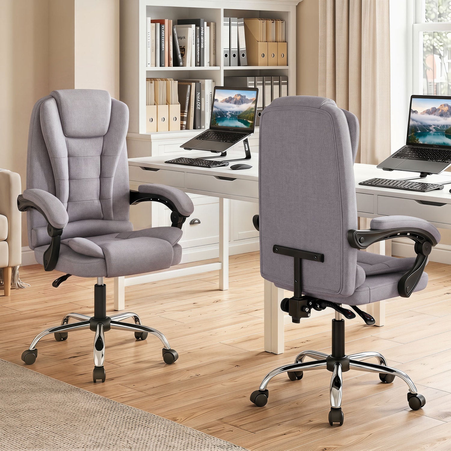 Black high-back executive office chair with leather padded seat and linkage armrests, designed for comfort and support.