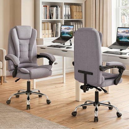 Black high-back executive office chair with leather padded seat and linkage armrests, designed for comfort and support.