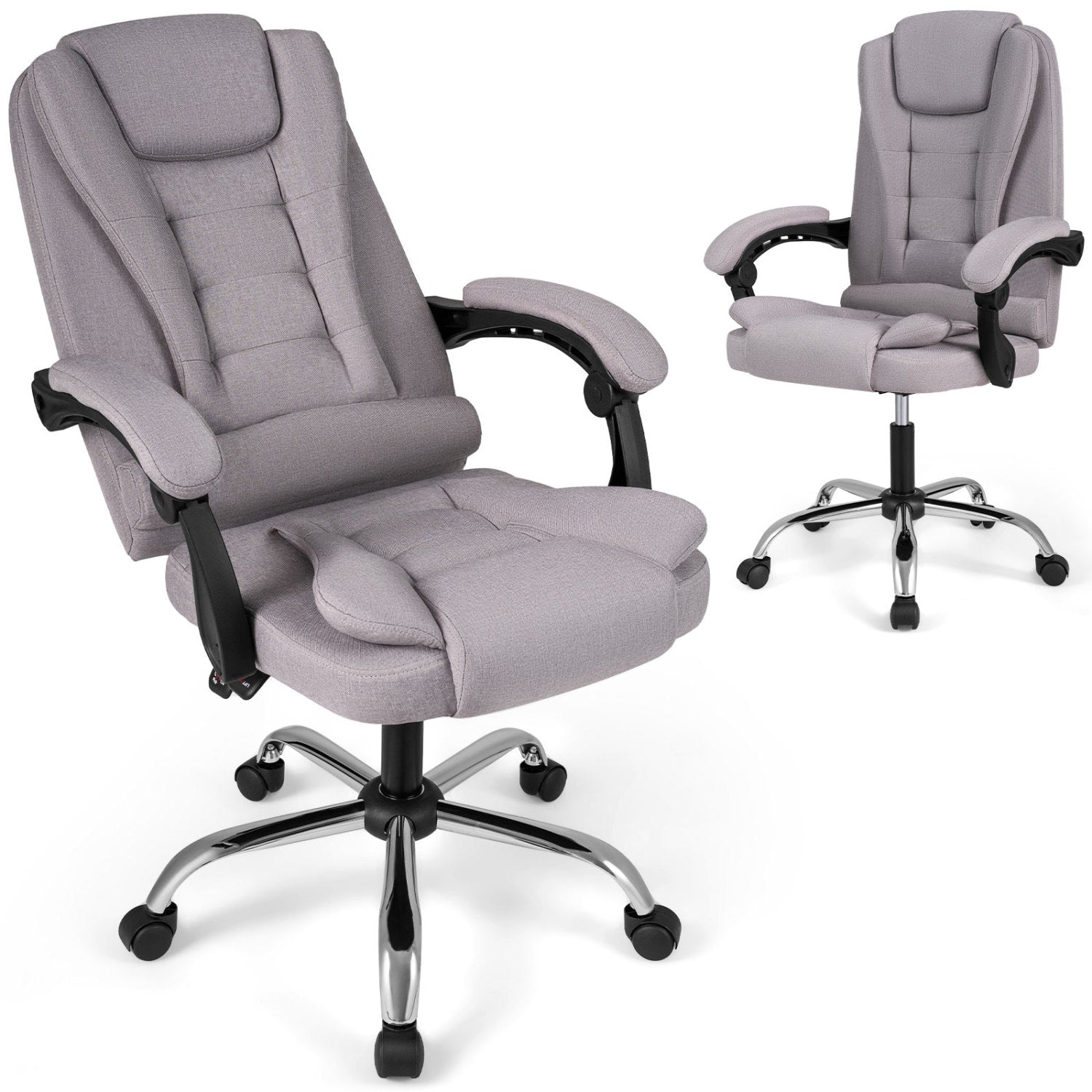 Black high back executive chair with leather padded seat, linkage armrests, designed for tall users in home office furniture.