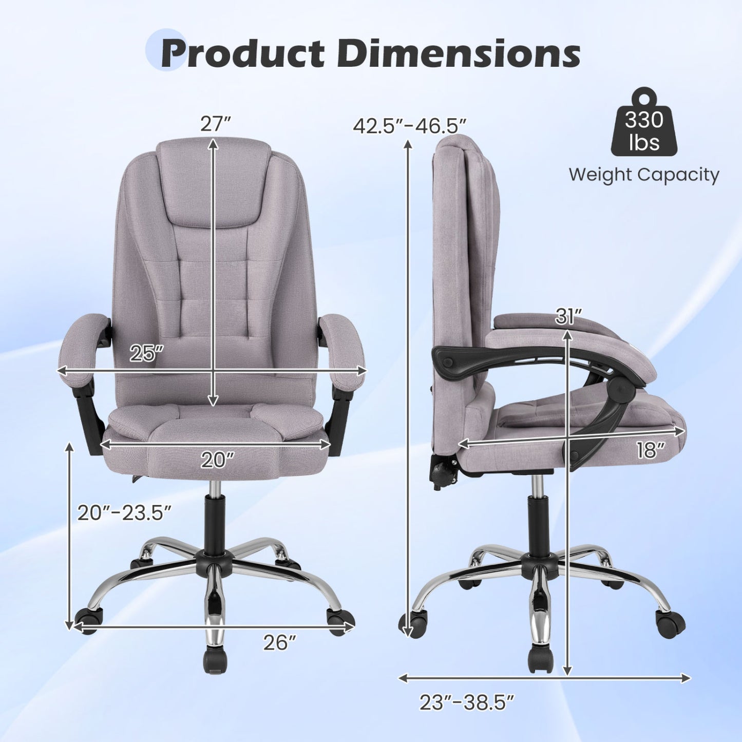 Black high-back executive office chair with linkage armrests and leather padded seat, designed for comfort and support.