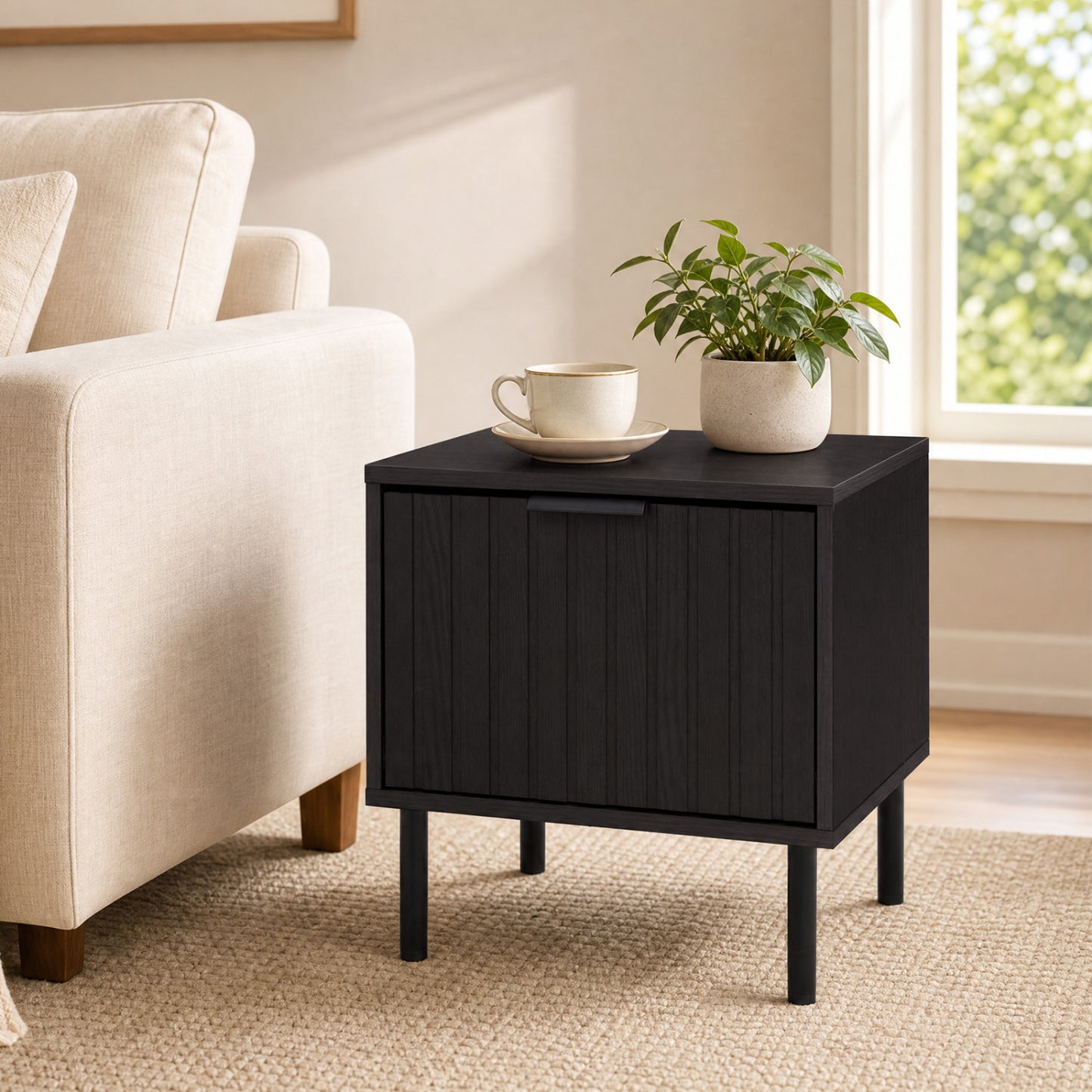 Black Modern Nightstand with Vertical-Striped Storage Drawer-Black