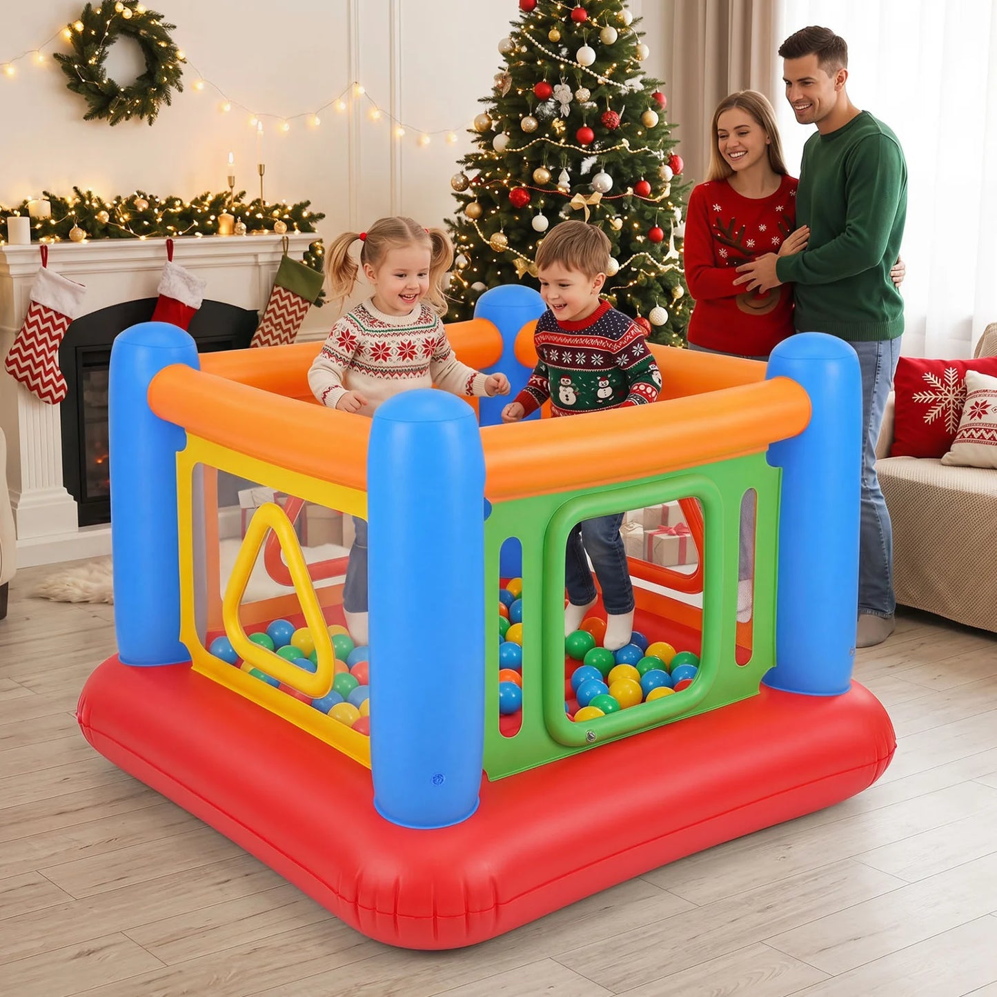 Blue inflatable bouncing house for kids with transparent side walls, outdoor bounce house toy by Wilsons Home Store