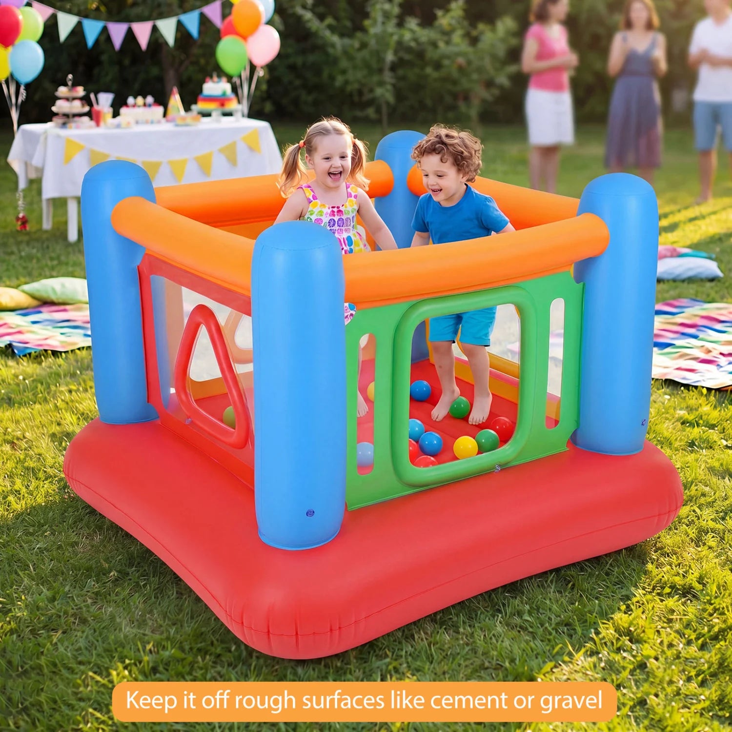 Blue inflatable bouncing house for kids with transparent side walls, designed for outdoor play and fun.