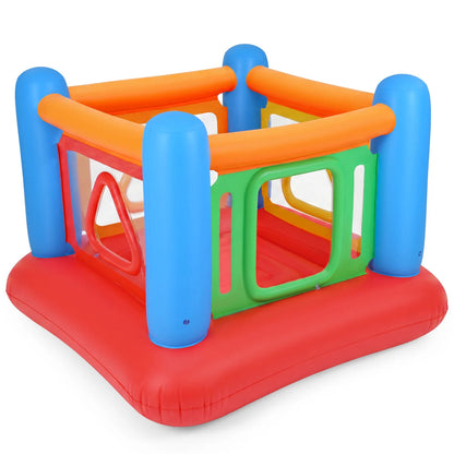 Blue inflatable bounce house for kids with transparent side walls, suitable for outdoor play and active fun.