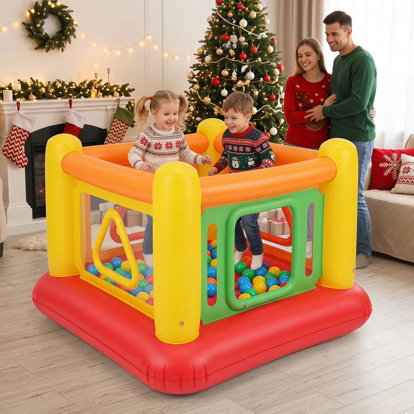 Blue inflatable bouncing house for kids with transparent side walls, ideal for outdoor play, by Wilsons Home Store.