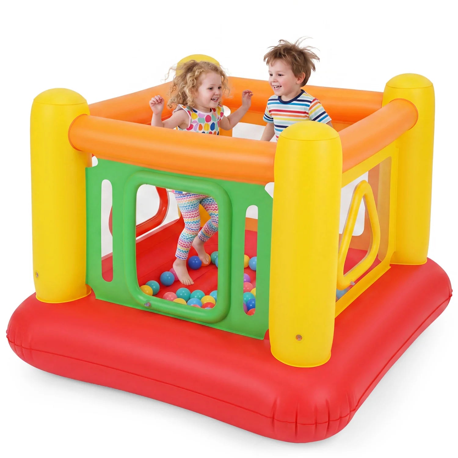 Blue inflatable jumping house for kids with transparent side walls, outdoor bounce house toy by Wilsons Home Store