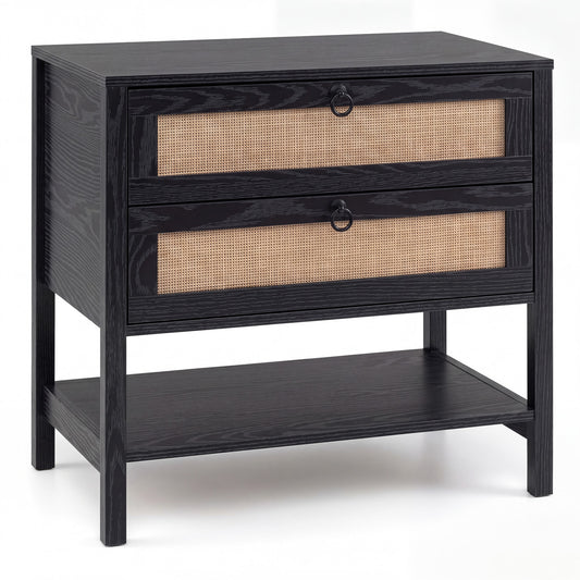 Black boho rattan nightstand with two drawers and open shelf, stylish bedroom furniture piece by Wilsons Home Store