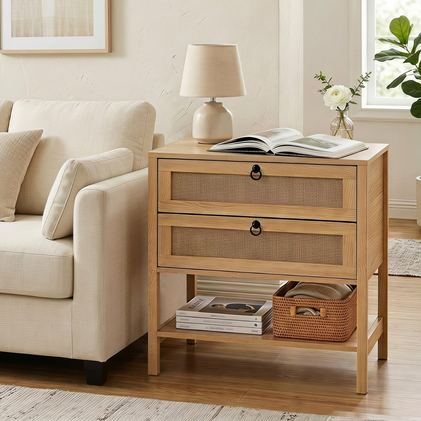 Boho Rattan Nightstand with 2 Drawers and Bottom Open Shelf-Black