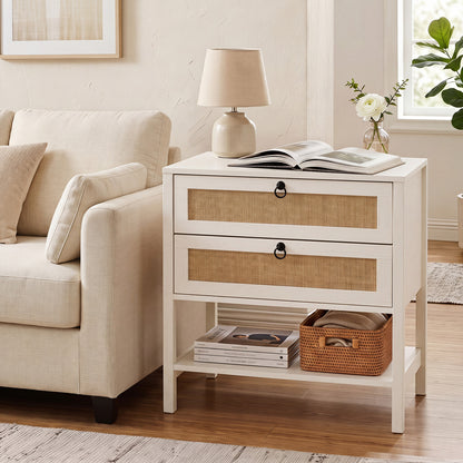 Boho Rattan Nightstand with 2 Drawers and Bottom Open Shelf-Black