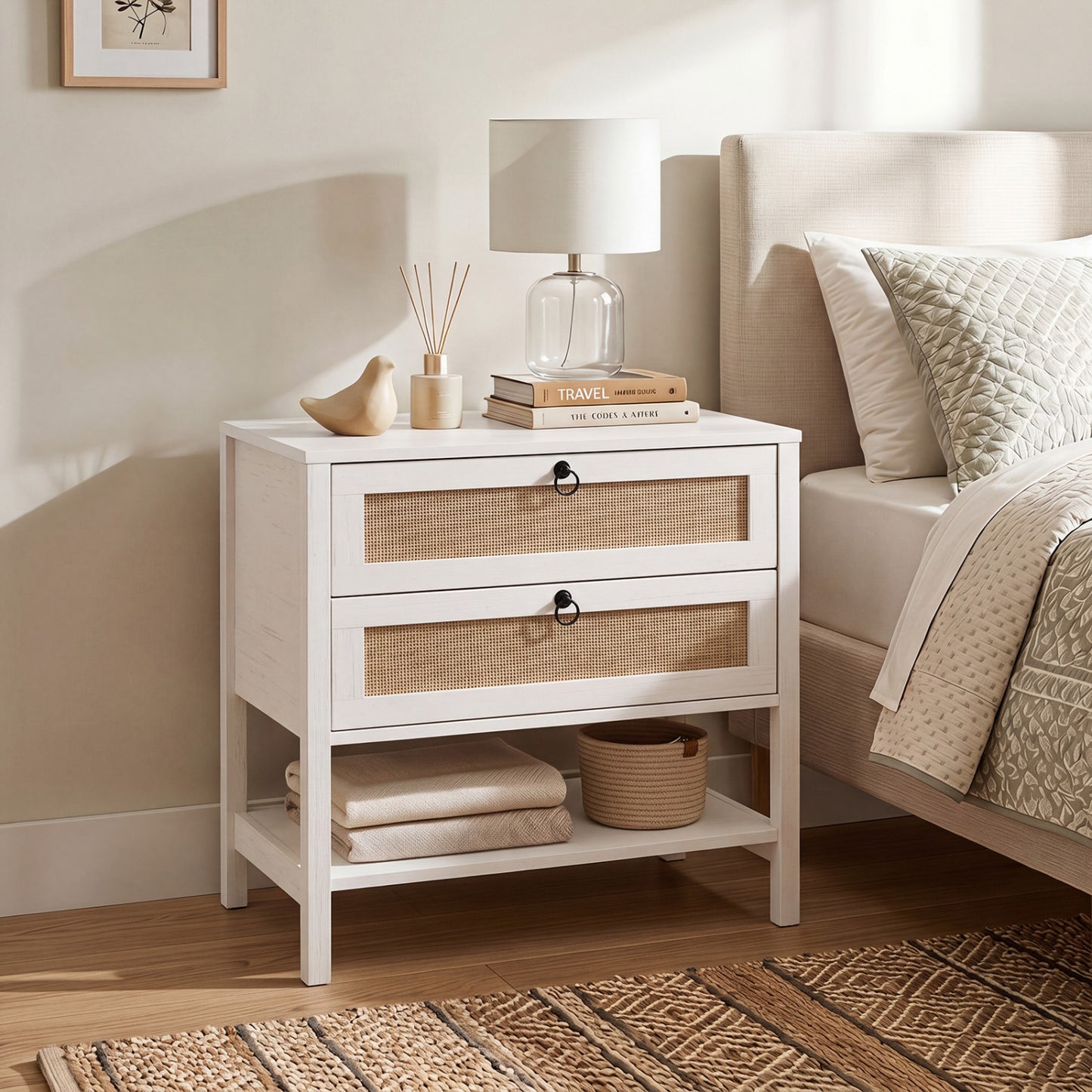 Boho Rattan Nightstand with 2 Drawers and Bottom Open Shelf-Black