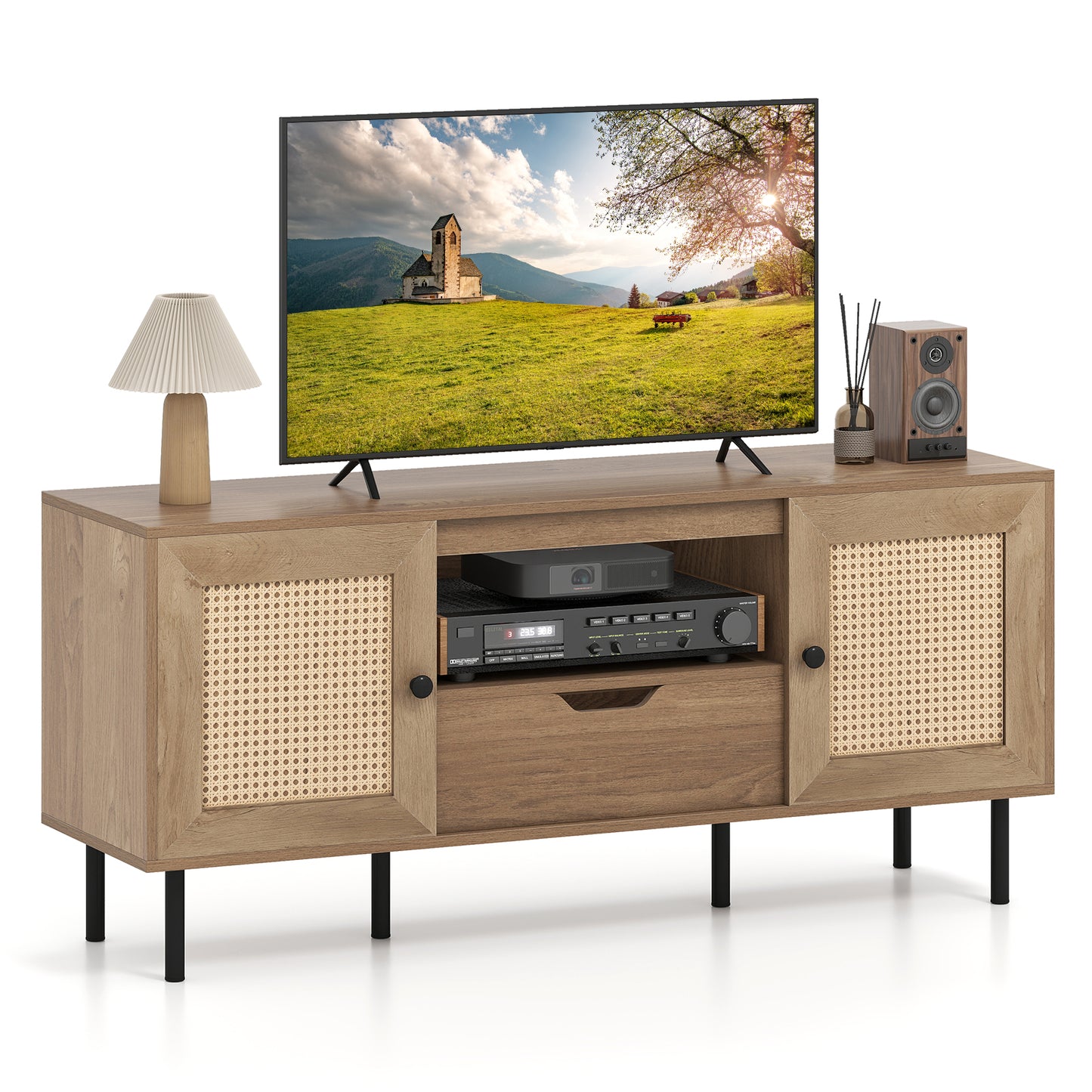 Boho TV Stand for 60 Inch TV Entertainment Center with Cabinets and Storage Shelf-Natural