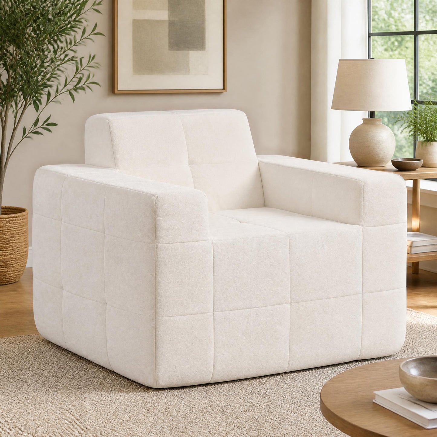 Boneless Single Sofa Chair Cloud Sofa with Terry Cloth Upholstery-Beige