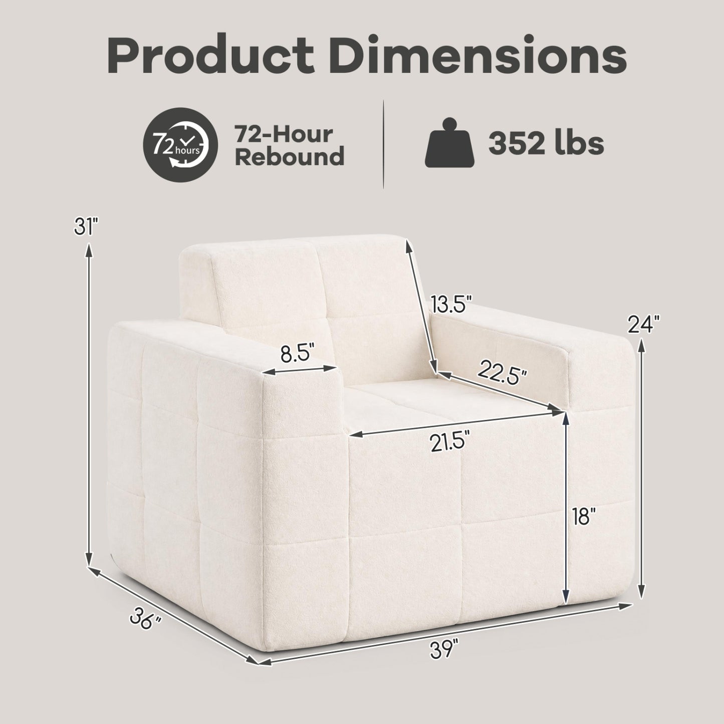Boneless Single Sofa Chair Cloud Sofa with Terry Cloth Upholstery-Beige