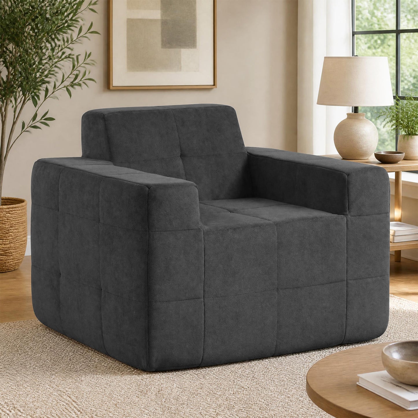 Boneless Single Sofa Chair Cloud Sofa with Terry Cloth Upholstery-Beige