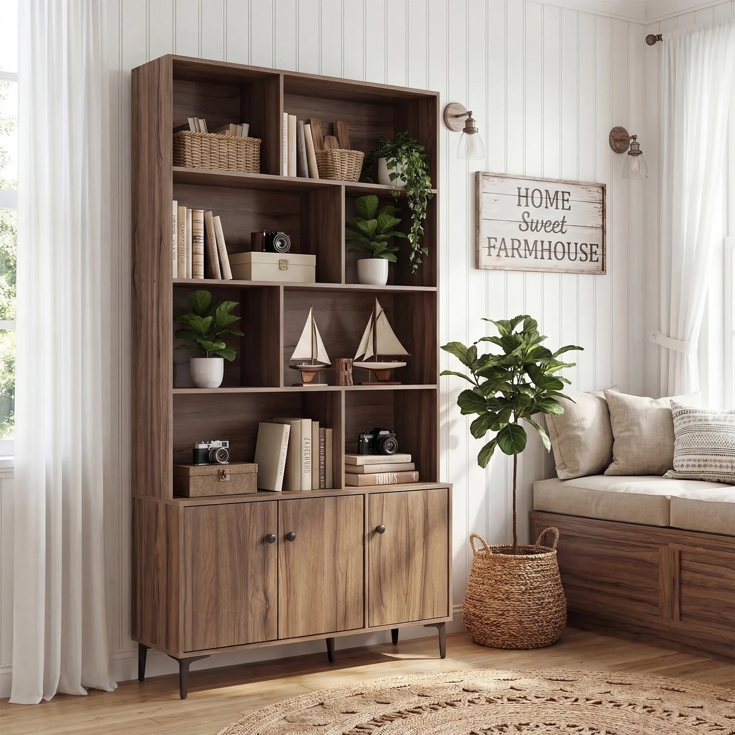 Bookshelf with 3 Doors and 2 Anti-Tipping Kits for Home Office-Walnut