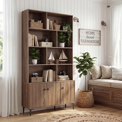 Bookshelf with 3 Doors and 2 Anti-Tipping Kits for Home Office-Walnut