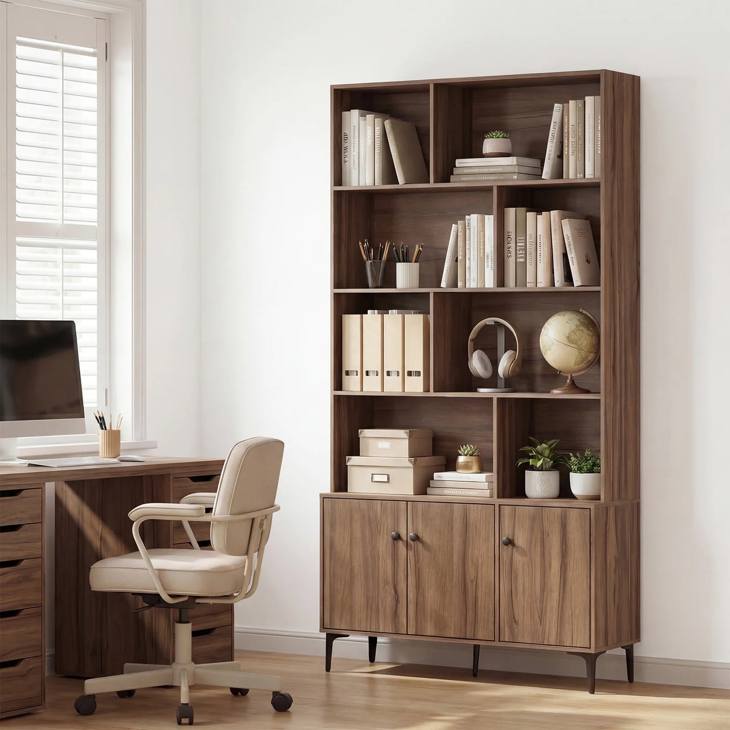 Bookshelf with 3 Doors and 2 Anti-Tipping Kits for Home Office-Walnut