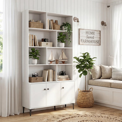 Bookshelf with 3 Doors and 2 Anti-Tipping Kits for Home Office-Walnut
