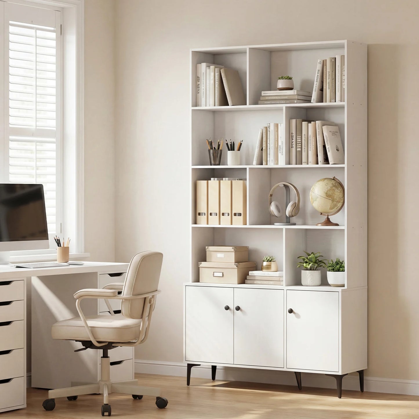 Bookshelf with 3 Doors and 2 Anti-Tipping Kits for Home Office-Walnut