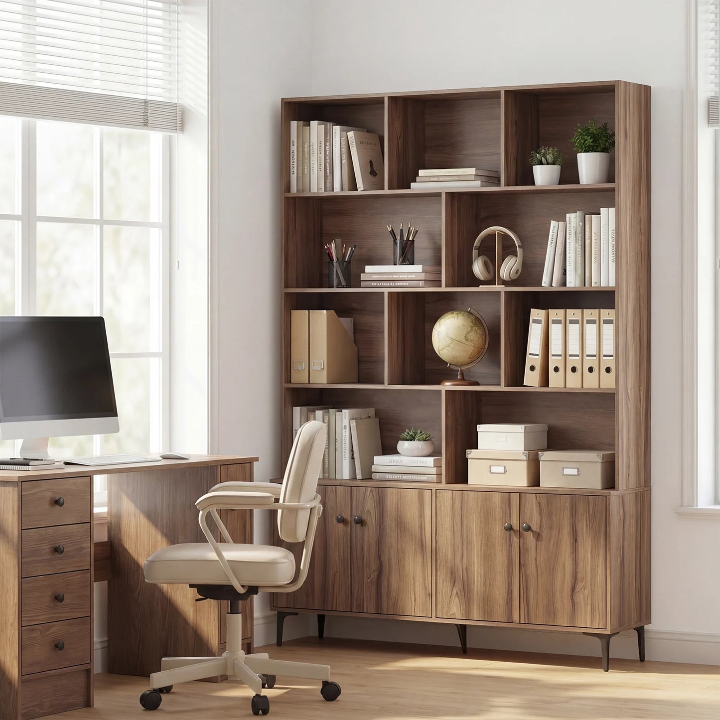 Bookshelf with 4 Doors and 2 Anti-Tipping Kits for Home Office-Walnut
