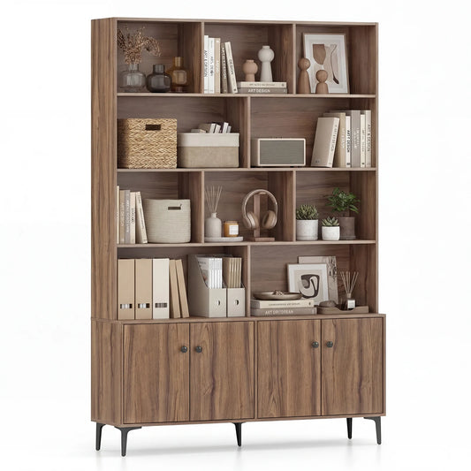 Bookshelf with 4 Doors and 2 Anti-Tipping Kits for Home Office-Walnut