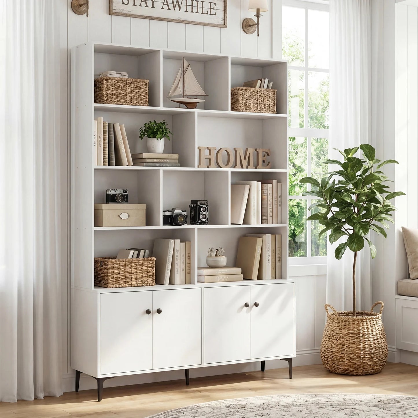 Bookshelf with 4 Doors and 2 Anti-Tipping Kits for Home Office-Walnut
