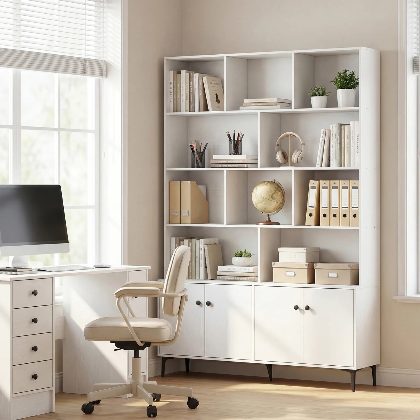 Bookshelf with 4 Doors and 2 Anti-Tipping Kits for Home Office-Walnut