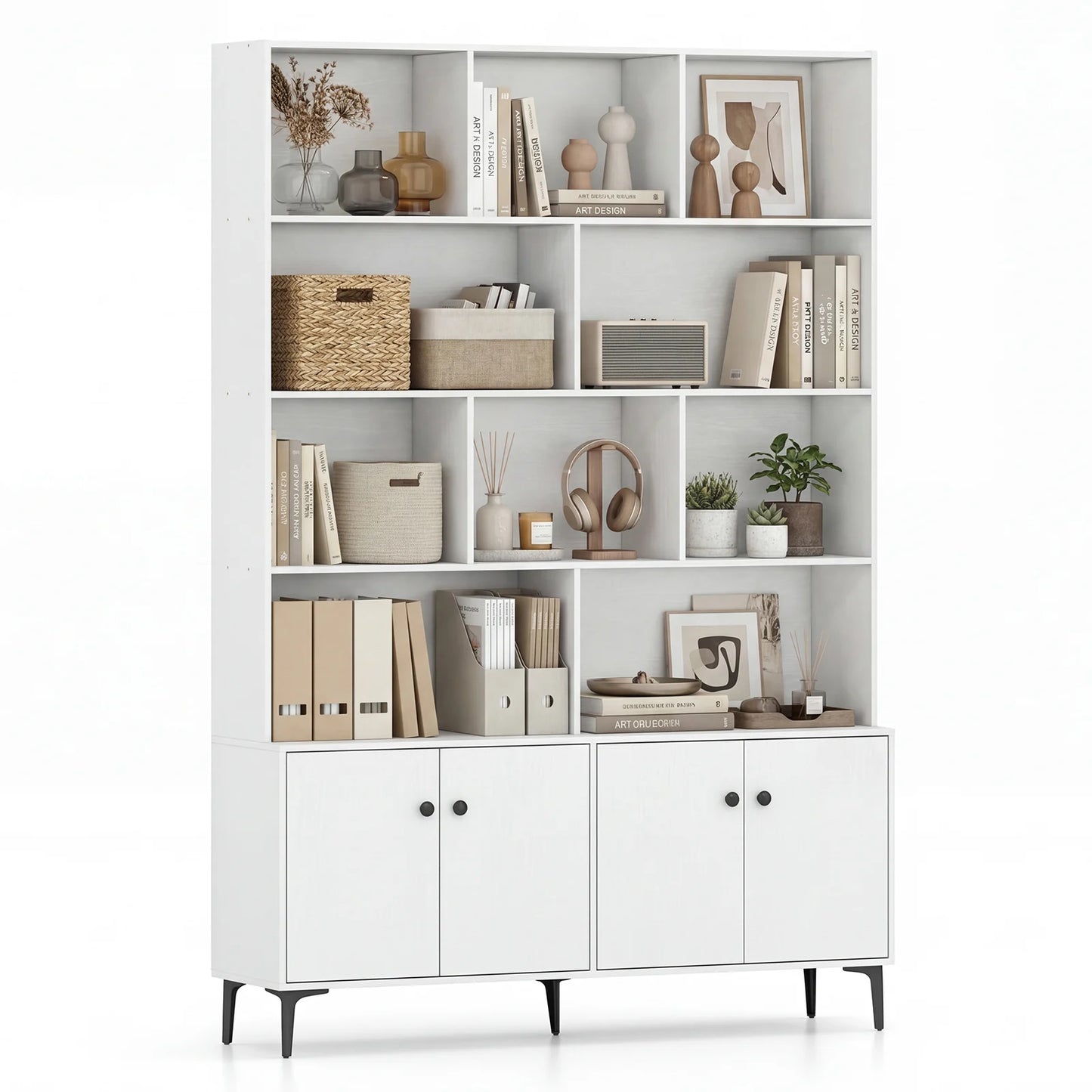 Bookshelf with 4 Doors and 2 Anti-Tipping Kits for Home Office-Walnut