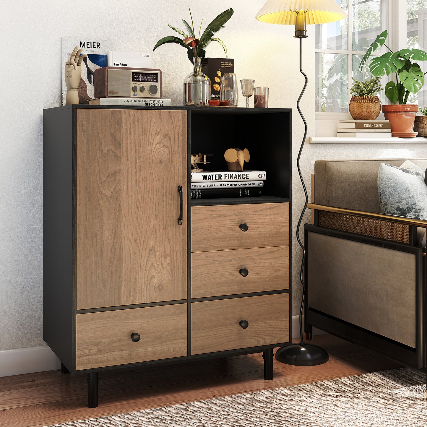 Buffet Sideboard Mid Century Modern Storage Cabinet with 4 Drawers and Open Compartment-Black