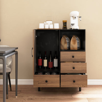 Buffet Sideboard Mid Century Modern Storage Cabinet with 4 Drawers and Open Compartment-Black