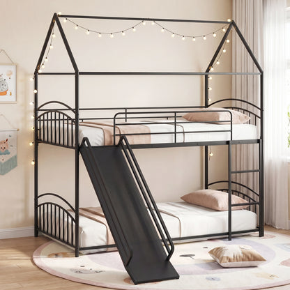 Bunk Bed Twin Over Twin House Bunk Bed Frame with Metal Slats-Black