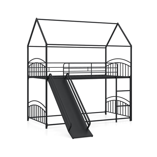 Bunk Bed Twin Over Twin House Bunk Bed Frame with Metal Slats-Black