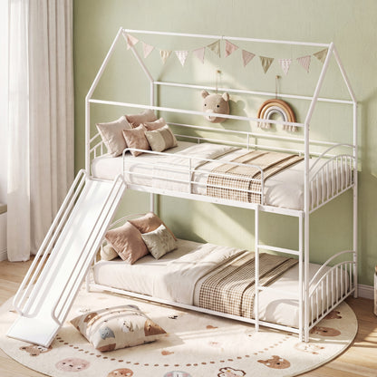 Bunk Bed Twin Over Twin House Bunk Bed Frame with Metal Slats-Black