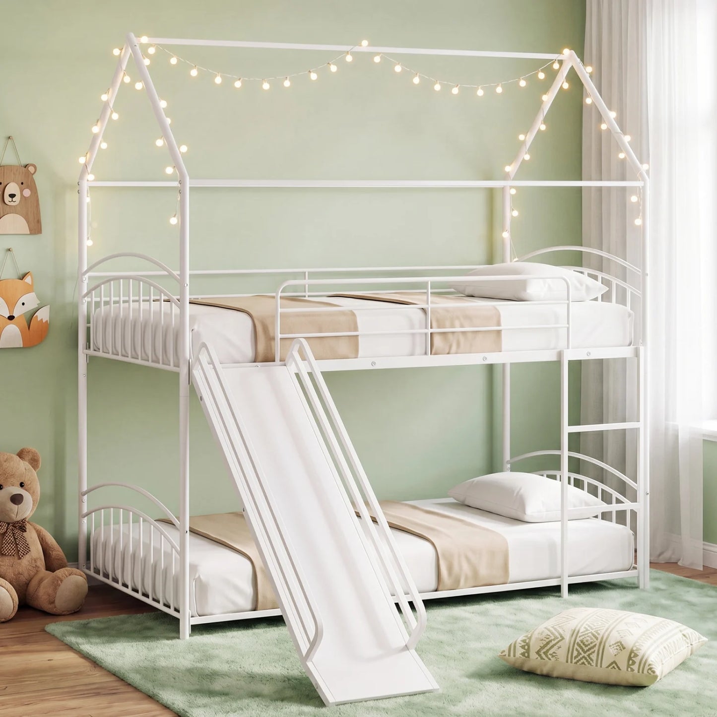 Bunk Bed Twin Over Twin House Bunk Bed Frame with Metal Slats-Black