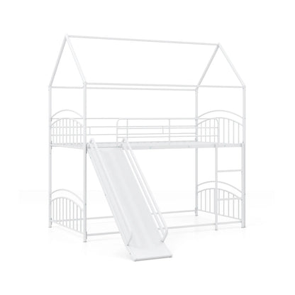 Bunk Bed Twin Over Twin House Bunk Bed Frame with Metal Slats-Black
