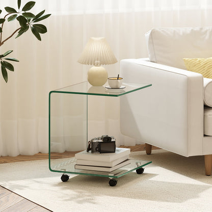 C-Shaped End Table Modern Tempered Glass Side Table with Shelf-Transparent