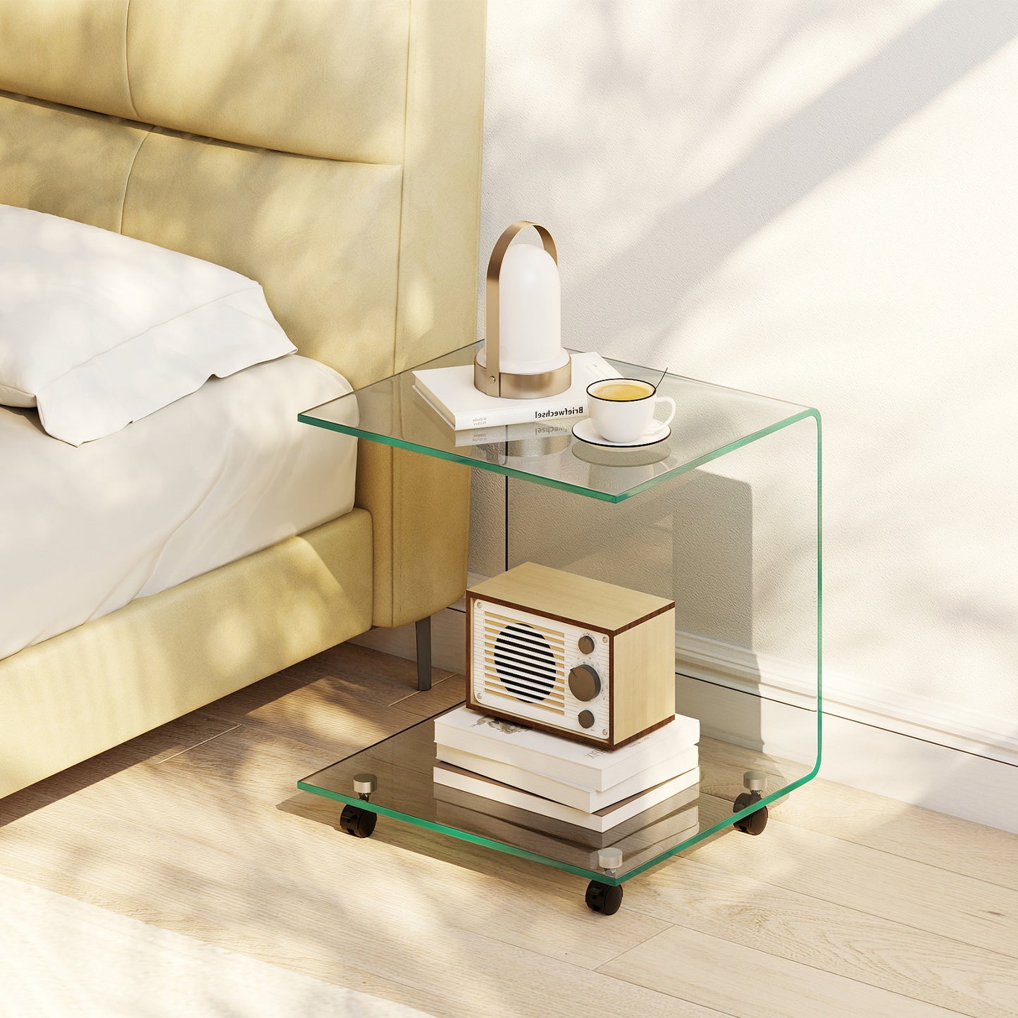 C-Shaped End Table Modern Tempered Glass Side Table with Shelf-Transparent