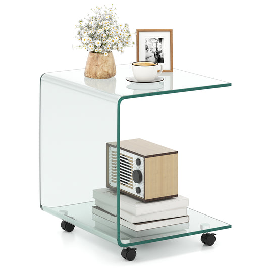 C-Shaped End Table Modern Tempered Glass Side Table with Shelf-Transparent